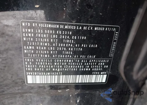 2018 Volkswagen Tiguan 2.0T Se/2.0T Sel из США, поврежденный, VIN 3VV2B7AX9JM192672